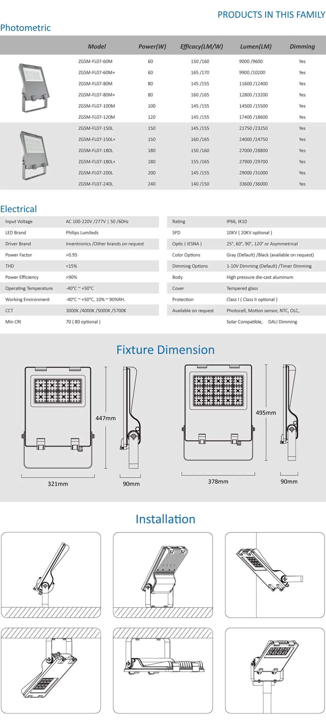 100W Die-Cast Aluminum Housing LED Floodlight 1-10V or Timer Dimming
