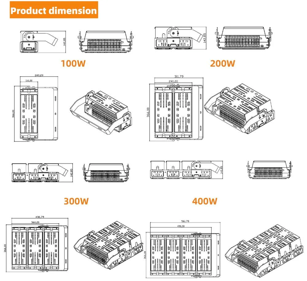 100W to 500W Outdoor Waterproof LED Stadium Flood Lights 90 Degrees 20 Degrees Beam Angle for Parking Lot Tunnel Billboard Industrial Lighting