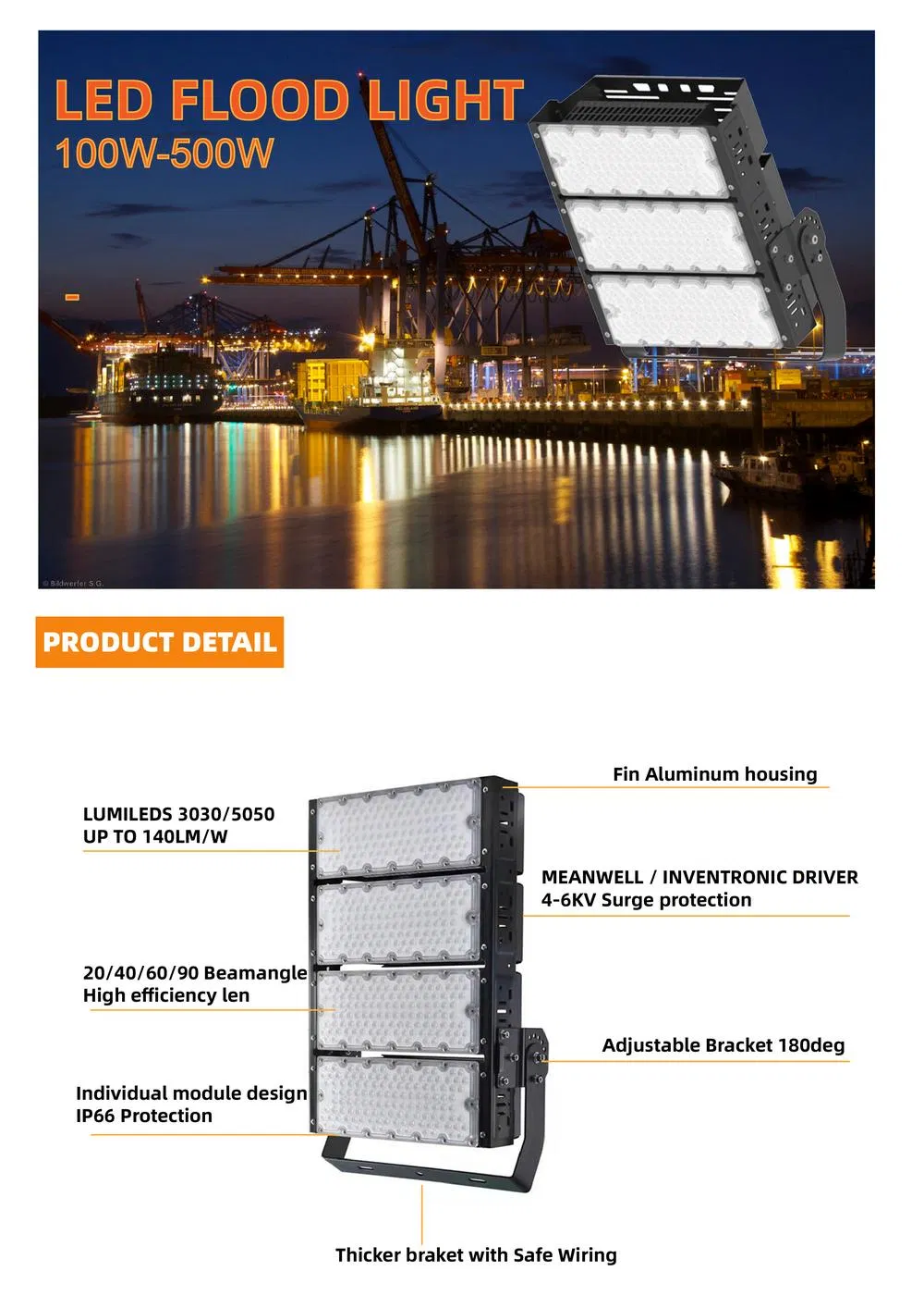 100W to 500W Outdoor Waterproof LED Stadium Flood Lights 90 Degrees 20 Degrees Beam Angle for Parking Lot Tunnel Billboard Industrial Lighting
