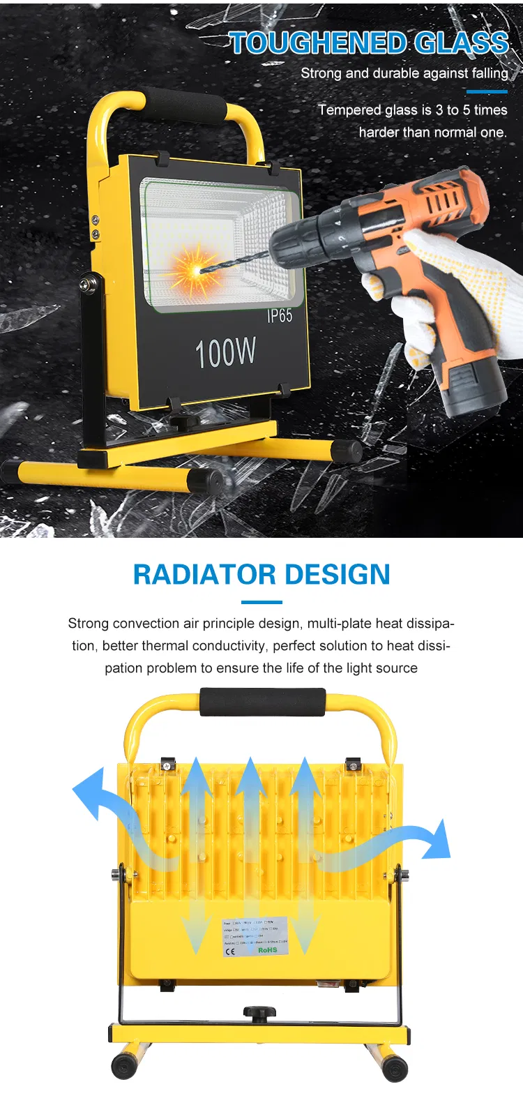 300W LED Portable Flood Light with Rechargeable Battery