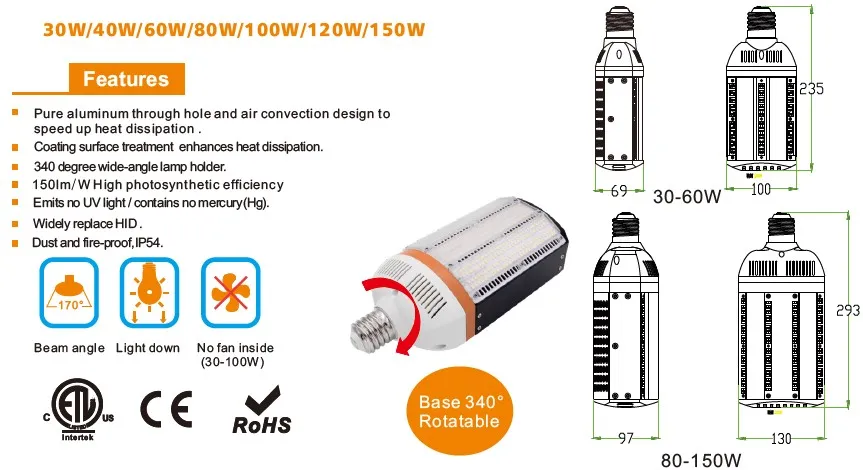 30W IP64 E26 E39 LED Retrofit Kit Outdoor Light