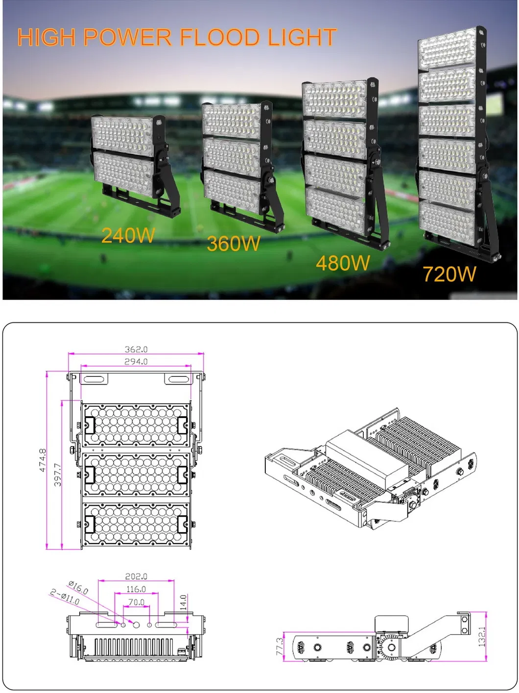 5 Years Warranty Professional 360watt LED Sportlight Tunnel Light Street Lighting