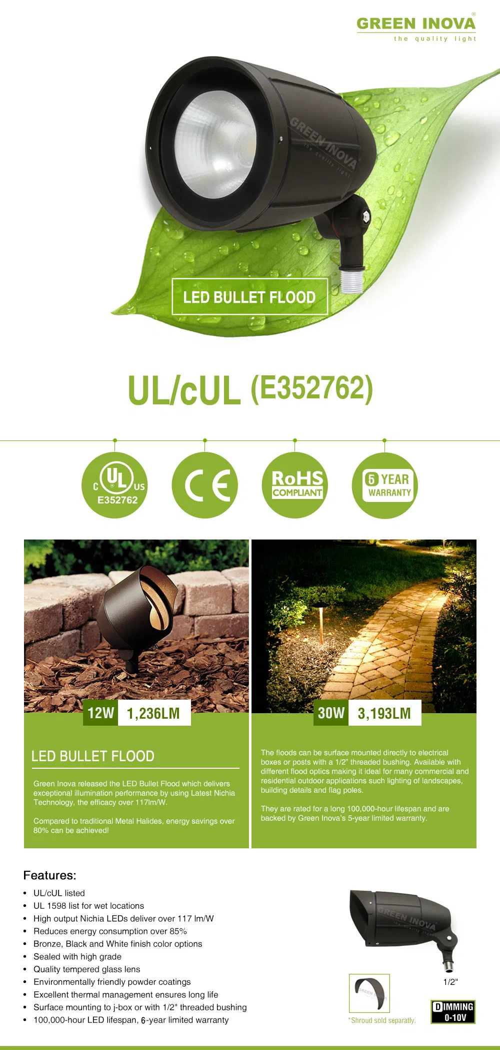 Best LED Landscape Lighting Fixtures Bullet Flood Light with 6 Years Warranty