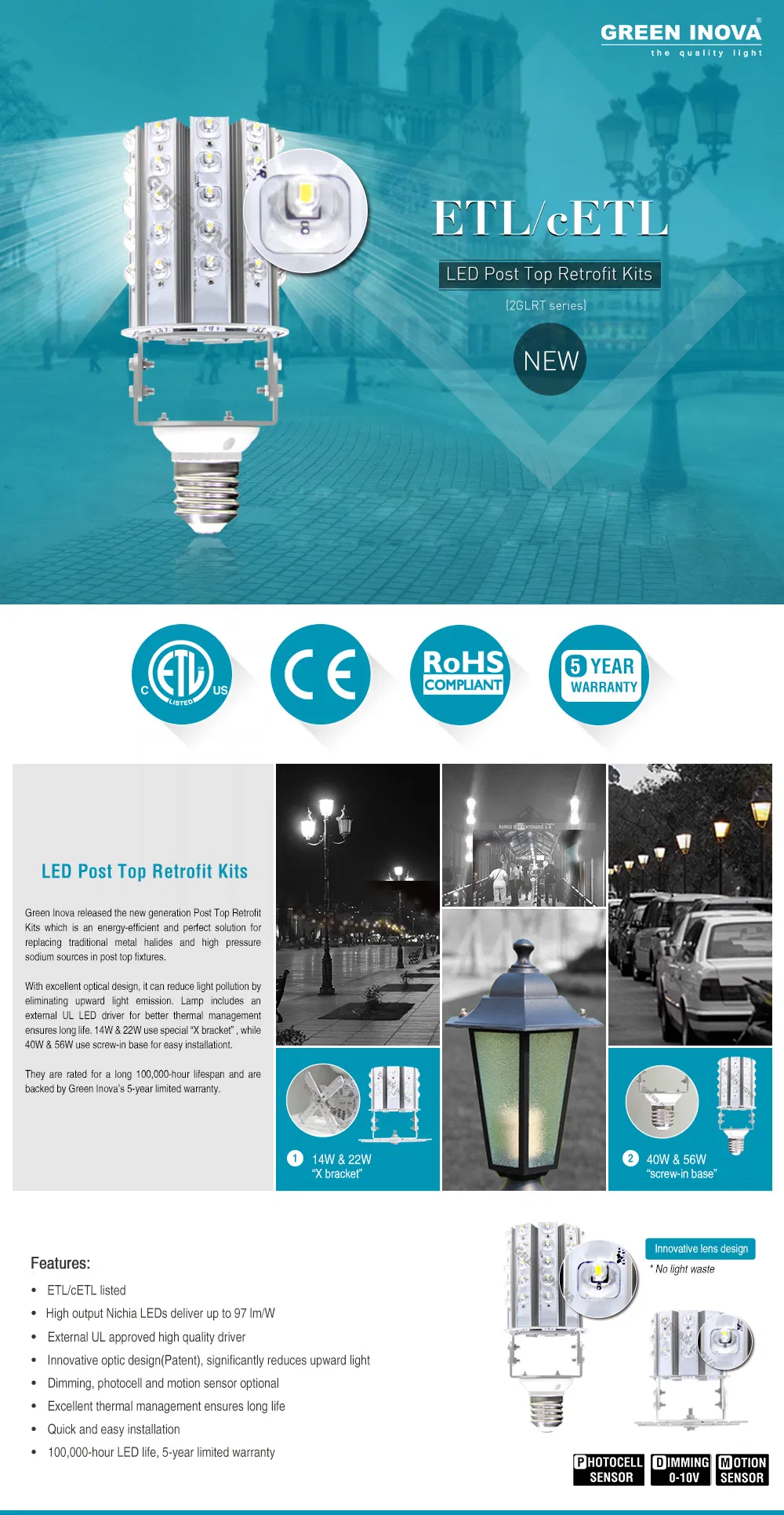 Dlc LED Post Top Retrofit Light Replace 40~150W Mh/HPS