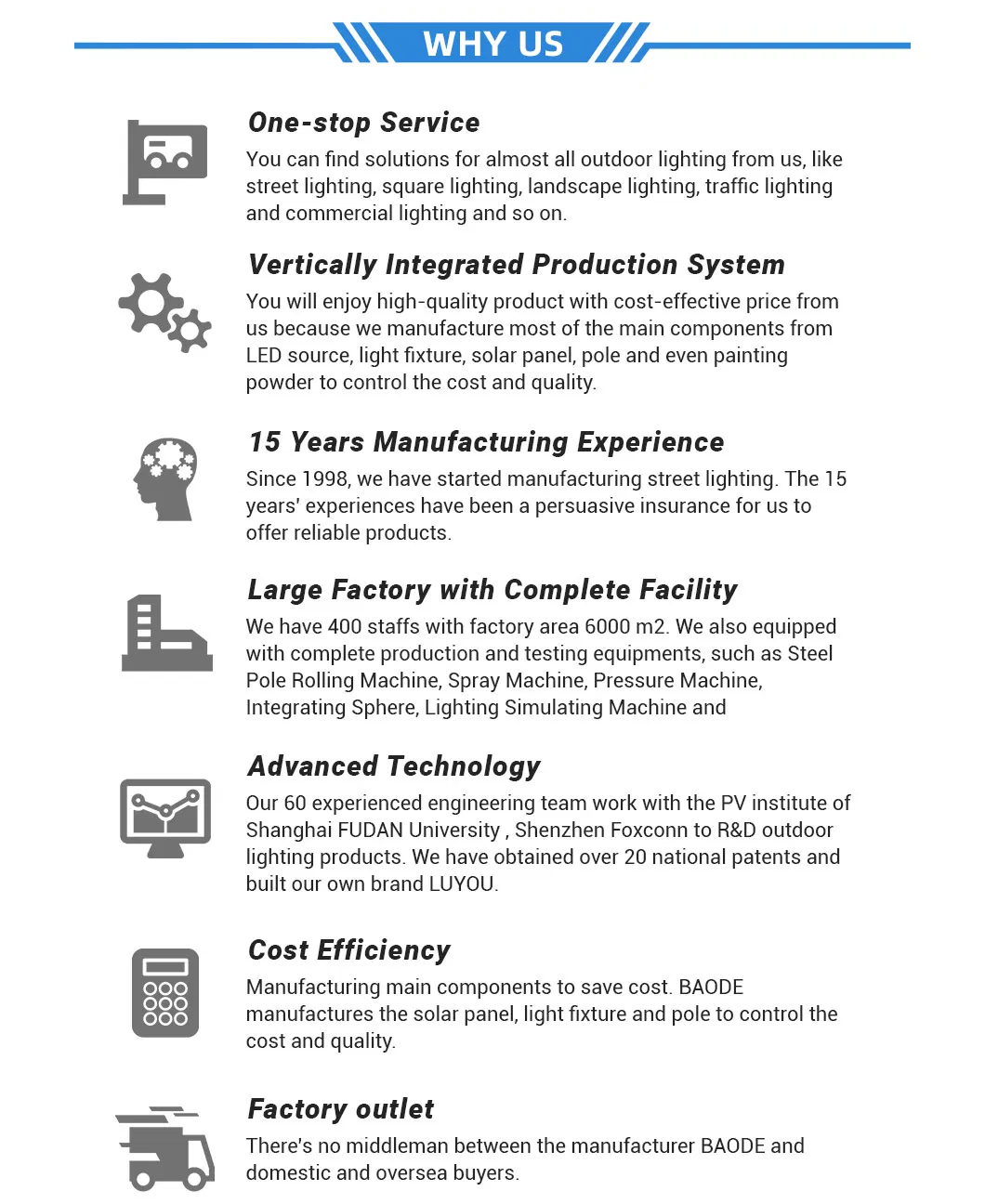 Factory Direct 6m7m8m Pole LED Solar Street Light with Gelled/Lithium Battery