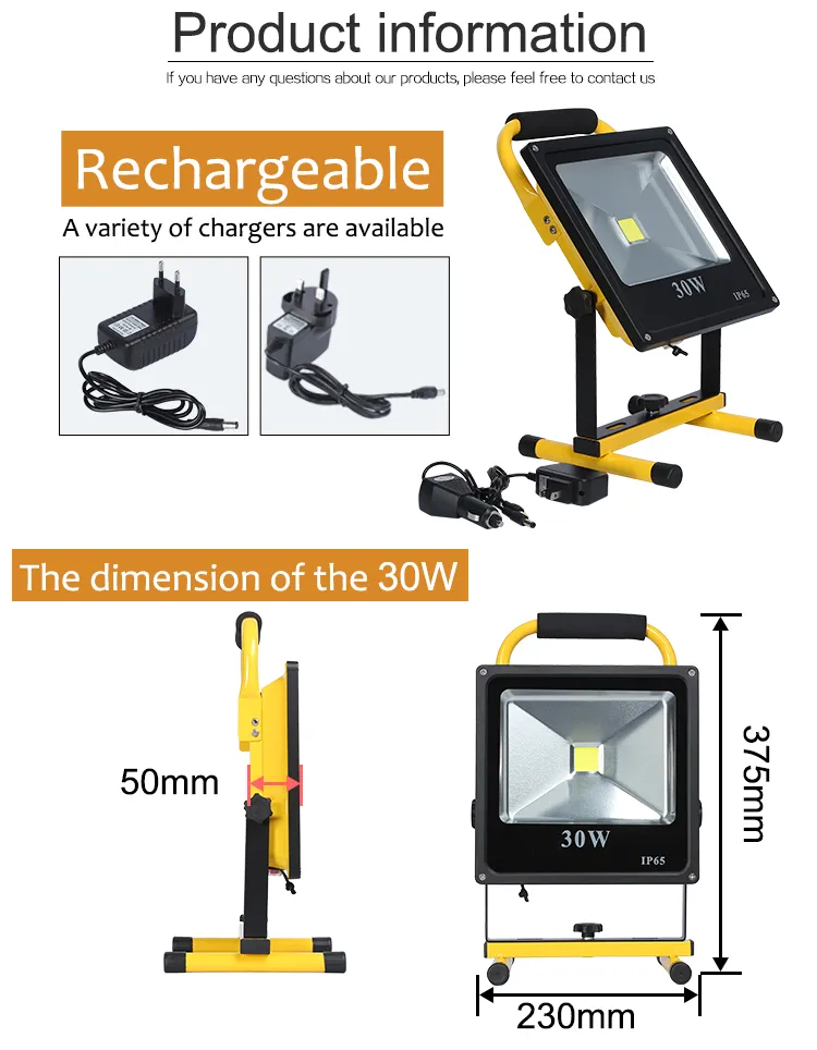 Good Quality Customize Portable Aluminium IP65 Waterproof 10watt 20watt 30watt Rechargeable LED Flood Light
