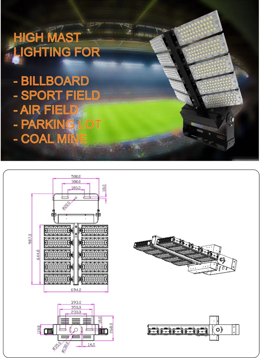 Light Weight LED Modular Outdoor Flood Light for Industrial Lighting 415V 480V Tennis Court Light with 5 Years Warranty