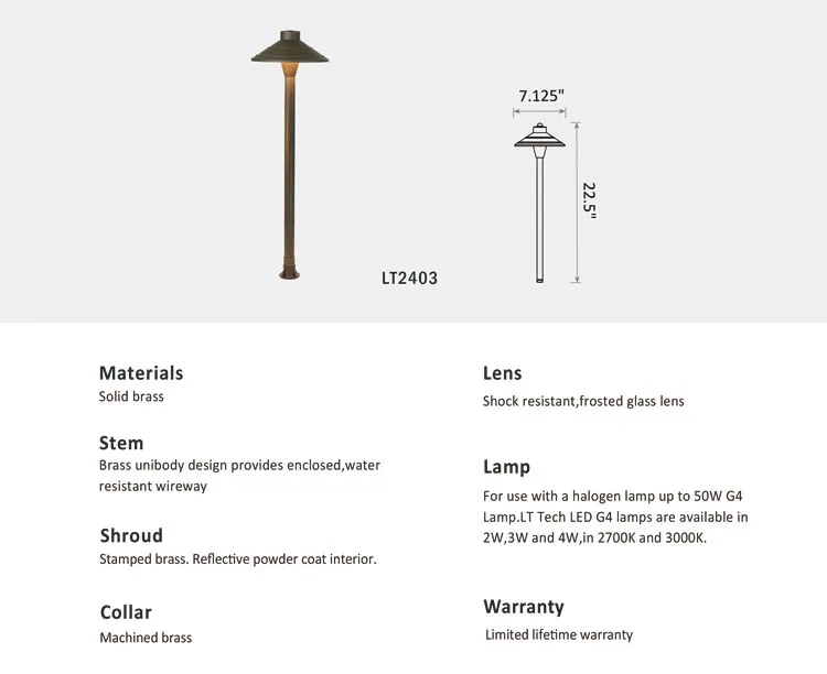 Lt2403 Solid Brass Low Voltage LED Light G4 (Lamp not included) Mushroom Path Light for Security Pathway Street Lighting